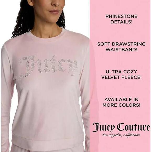 JUICY COUTURE 2pc Pink Velour Rhinestone Logo Soft Cozy Long Sleeve Pajama Set L - Picture 2 of 9